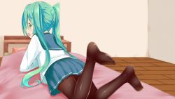 Rule 34 | 1girl, bed, feet, from behind, green eyes, green hair, gurande (g-size), hatsune miku, legs up, long hair, looking back, lying, matching hair/eyes, no shoes, on stomach, open mouth, pantyhose, school uniform, serafuku, skirt, solo, twintails, very long hair, vocaloid