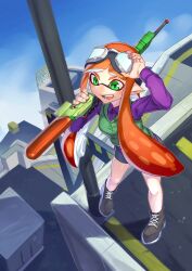 Rule 34 | 1girl, absurdres, black footwear, boots, breasts, day, goggles, goggles on head, green eyes, green vest, gun, highres, holding, holding gun, holding weapon, inkling, inkling girl, inkling player character, long hair, medium breasts, moray towers, nintendo, open mouth, orange hair, outdoors, pointy ears, purple shirt, red hair, shirt, sho bu 1116, shorts, solo, splat charger (splatoon), splatoon (series), standing, tentacle hair, vest, weapon