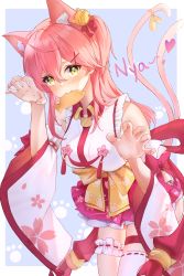 Rule 34 | 1girl, absurdres, ahoge, animal ear fluff, animal ears, blue background, bridal garter, cat ears, cherry blossom print, detached sleeves, floral print, food, food in mouth, green eyes, hair between eyes, hair ornament, hair over shoulder, hairclip, heart, highres, hololive, lims (neko2lims), long hair, looking at viewer, multiple tails, paw print, paw print pattern, pink hair, sakura miko, sakura miko (1st costume), simple background, solo, tail, tail ornament, taiyaki, two tails, virtual youtuber, wagashi, x hair ornament