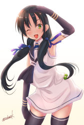 Rule 34 | 1girl, black gloves, black hair, black thighhighs, commentary request, cowboy shot, elbow gloves, gloves, green eyes, kamijou sadame, kantai collection, long hair, looking at viewer, low twintails, one-hour drawing challenge, ribbon, salute, school uniform, serafuku, simple background, sleeveless, smile, solo, standing, suzukaze (kancolle), thighhighs, twintails, twitter username, white background