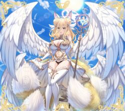 1girl ahoge alternate_breast_size alternate_costume angel angel_wings bare_shoulders black_panties blonde_hair blue_sky breasts cleavage cleavage_cutout clothing_cutout cloud cloudy_sky date_a_live dress extra_ears feathered_wings feathers fox_girl gold_trim hair_between_eyes hair_bun hair_ornament hairpin highres holding holding_key holding_staff hoshimiya_mukuro jewelry key kitsune kyuubi large_breasts long_hair looking_at_viewer multiple_rings multiple_tails navel navel_cutout panties raised_eyebrows ring sky solo staff sun tail tsubasaki twitter_username underwear very_long_hair white_dress wings yellow_eyes