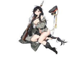 Rule 34 | 1girl, :t, ahoge, bahao diqiu, black footwear, black hair, boots, bottomless, braid, breasts, cleavage, damaged, fur-trimmed jacket, fur trim, general liu (girls&#039; frontline), girls&#039; frontline, gloves, gun, hat, high heel boots, high heels, holding, holding gun, holding weapon, jacket, large breasts, long hair, military, military uniform, navel, no panties, official art, pouch, pout, single braid, solo, sword, tears, torn clothes, transparent background, uniform, very long hair, weapon, white gloves
