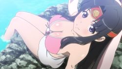 Rule 34 | 1girl, anime screenshot, bikini, breasts, cleavage, highres, looking at viewer, momo kyun sword, momoko (momokyun), purple eyes, swimsuit, tagme