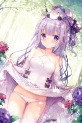 Rule 34 | 1girl, absurdres, azur lane, bad id, bad pixiv id, bare shoulders, black bow, black ribbon, blue flower, blush, bow, bow panties, breasts, cameltoe, closed mouth, clothes lift, collarbone, commentary request, cowboy shot, criss-cross halter, day, detached sleeves, dress, dress lift, dutch angle, fingernails, flower, forest, gloves, gluteal fold, groin, hair between eyes, hair bun, hair ribbon, halterneck, highres, hydrangea, lifted by self, long hair, long sleeves, lowleg, lowleg panties, md5 mismatch, nature, on head, one side up, outdoors, panties, pink flower, purple eyes, purple flower, purple hair, resolution mismatch, ribbon, side bun, single hair bun, single side bun, skirt basket, sleeves past wrists, small breasts, smile, solo, sousouman, standing, stuffed animal, stuffed toy, stuffed unicorn, stuffed winged unicorn, thighhighs, underwear, unicorn (azur lane), very long hair, white dress, white gloves, white panties, white thighhighs