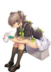 Rule 34 | 1girl, ayaki, black footwear, black socks, bow, closed mouth, collarbone, cup, dated, drink, drinking glass, eyes visible through hair, female focus, full body, green bow, grey hair, hair between eyes, highres, kneehighs, loafers, looking at viewer, original, phone, school uniform, serafuku, shiny skin, shoes, short hair, short sleeves, simple background, sitting, skirt, smile, socks, solo, twintails, two side up, white background, white skirt