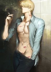 Rule 34 | 1boy, abs, adam&#039;s apple, black pants, blonde hair, blowing smoke, blue shirt, cigarette, collarbone, covered eyes, groin, hair over eyes, hand under clothes, hand up, holding, holding cigarette, lipstick mark, long sleeves, male focus, navel, nipples, one piece, open clothes, open shirt, pants, pectorals, runa (nori31291404), sanji (one piece), shirt, short hair, smoke, smoking, solo, stomach, tile wall, tiles, wing collar