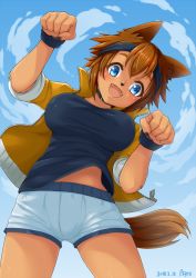 Rule 34 | 1girl, 2018, :d, animal collar, animal ears, blue eyes, breasts, brown hair, cloud, collar, cowboy shot, dark-skinned female, dark skin, dated, dog ears, dog girl, dog tail, fangs, furry, furry female, headband, jacket, kobold, large breasts, looking at viewer, monster girl, monster musume no iru nichijou, open mouth, paw pose, polt, shirt, sky, sleeves rolled up, smile, snout, solo, stomach, tail, wristband, yellow jacket, zipper