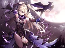 Rule 34 | 1girl, arm up, bare shoulders, bat hair ornament, bird, black sleeves, black thighhighs, blonde hair, blush, bow, breasts, chachong sama, commentary request, contrapposto, crow, detached sleeves, energy, eyepatch, fischl (genshin impact), garter straps, genshin impact, gloves, green eyes, hair ornament, hair over one eye, hair ribbon, highres, long hair, looking at viewer, medium breasts, moon, night, open mouth, outstretched arm, pointing, purple bow, ribbon, signature, single thighhigh, solo, thighhighs, two side up