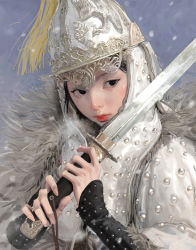 Rule 34 | 1girl, armor, black eyes, black hair, breath, commentary, english commentary, helmet, highres, holding, holding sword, holding weapon, original, plume, sangsoo jeong, sideways glance, snowing, solo, sword, upper body, weapon, white armor