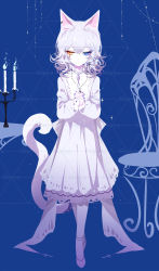 Rule 34 | 1girl, animal ears, artist name, bad id, bad pixiv id, blue background, blue eyes, blue nails, brooch, candle, candlestand, cat ears, cat tail, chair, commentary, dress, full body, heterochromia, highres, interlocked fingers, jewelry, long sleeves, looking at viewer, nail polish, original, own hands together, sheya, short hair, signature, silver hair, simple background, solo, standing, symbol-only commentary, tail, white dress, yellow eyes