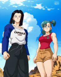 Rule 34 | 1boy, 1girl, absurdres, android 17, aqua hair, black hair, black pants, blue eyes, breasts, brown shorts, bulma, cleavage, commentary request, cosplay, dragon ball, dragon ball (classic), dragonball z, earrings, frown, hair bobbles, hair ornament, highres, jewelry, large breasts, medium hair, one side up, pants, red tank top, salvamakoto, short shorts, shorts, spanish commentary, tank top, time paradox, trunks (dragon ball), trunks (future) (dragon ball), trunks (future) (dragon ball) (cosplay)
