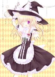 Rule 34 | 1girl, bad id, bad pixiv id, blonde hair, braid, female focus, hat, kirisame marisa, long hair, mizuse ruka, outstretched hand, red eyes, side braid, solo, touhou, wink, witch, witch hat
