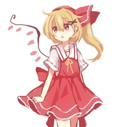 Rule 34 | 1girl, back bow, blonde hair, bow, dress, flandre scarlet, frilled dress, frills, hair between eyes, hair bow, neck ribbon, paragasu (parags112), red bow, red dress, red eyes, ribbon, short sleeves, side ponytail, simple background, solo, touhou, white background, wings