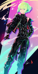 Rule 34 | 1boy, absurdres, androgynous, belt, black belt, black gloves, black jacket, black pants, black shirt, chain, closed mouth, collared shirt, commentary request, fire, gloves, green hair, hair between eyes, hand on own hip, highres, jacket, lio fotia, looking at viewer, m/g, male focus, multicolored background, open clothes, open jacket, pants, promare, purple eyes, pyrokinesis, shirt, shirt tucked in, short hair, signature, single bare shoulder, solo, standing, turtleneck