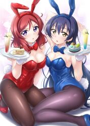 Rule 34 | 2girls, blue hair, breasts, cleavage, highres, kirisaki reina, long hair, love live!, medium hair, multiple girls, nishikino maki, open mouth, red hair, sonoda umi, yellow eyes