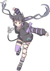 Rule 34 | 1girl, badge, black footwear, black hair, black jacket, black ribbon, black shirt, blunt bangs, blush, boots, breasts, button badge, cleavage, closed mouth, commentary request, demon girl, demon horns, demon tail, full body, highres, horns, incoming attack, incoming punch, jacket, kojo anna, kojo anna (1st costume), leg ribbon, long hair, long sleeves, looking at viewer, medium breasts, multicolored footwear, multicolored hair, nanashi inc., open clothes, open jacket, pointy ears, punching, purple footwear, purple hair, purple thighhighs, ribbon, robou no stone, see-through, see-through cleavage, see-through shirt, shirt, simple background, single thighhigh, smile, solo, star (symbol), sugar lyric, tail, thighhighs, twintails, two-tone hair, very long hair, virtual youtuber, white background, white footwear, yellow eyes, zipper