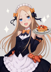 Rule 34 | 1girl, abigail williams (fate), alternate costume, apron, bad id, bad pixiv id, black bow, black dress, blonde hair, blue eyes, blueberry, blush, bow, bowtie, clothing cutout, dress, enmaided, fate/grand order, fate (series), food, forehead, frills, fruit, grey background, hair bow, kyoeiki, long hair, looking at viewer, maid, maid apron, maid headdress, open mouth, orange bow, pancake, parted bangs, plate, polka dot, polka dot bow, shoulder cutout, simple background, smile, solo, sparkle, strawberry, stuffed animal, stuffed toy, teddy bear, tray, waist apron