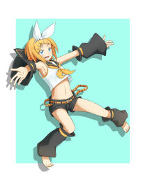 Rule 34 | 1girl, aqua background, armpits, barefoot, blonde hair, blue eyes, blush, detached sleeves, feet, flat chest, hair ornament, hair ribbon, hairclip, jaco, kagamine rin, legs, midriff, nail polish, outside border, outstretched arms, ribbon, short hair, shorts, simple background, solo, spread arms, vocaloid, yellow nails