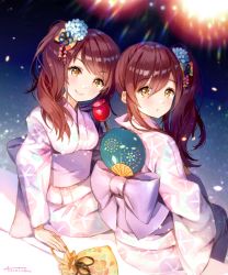 Rule 34 | 2girls, aerial fireworks, ancotaku, back bow, blue flower, blurry, blurry background, blush, bow, brown eyes, brown hair, candy apple, closed mouth, commentary request, depth of field, fireworks, floral print, flower, food, hair between eyes, hair flower, hair ornament, hand fan, head tilt, idolmaster, idolmaster shiny colors, japanese clothes, kimono, long hair, long sleeves, multiple girls, obi, osaki amana, osaki tenka, paper fan, pink kimono, print kimono, purple bow, sash, siblings, side ponytail, signature, sisters, sitting, smile, twins, wide sleeves