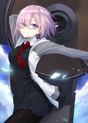 Rule 34 | 1girl, arm up, azuuru (azure0608), black-framed eyewear, black dress, black pantyhose, breasts, cloud, commentary request, day, dress, fate/grand order, fate (series), glasses, glasses day, highres, holding, holding shield, jacket, light particles, looking at viewer, mash kyrielight, medium breasts, necktie, pantyhose, purple eyes, purple hair, red necktie, shield, short hair, smile, solo, white jacket, wind