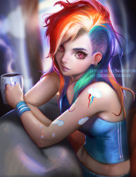 Rule 34 | 1girl, breasts, coffee, coffee mug, crossed arms, earrings, humanization, jewelry, lipstick, long hair, looking at viewer, makeup, medium breasts, mug, multicolored hair, my little pony, my little pony: friendship is magic, parted lips, personification, pink eyes, pink lips, rainbow dash, rainbow hair, sakimichan, sitting, smile, solo, steam, tattoo, watermark, web address, wristband