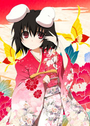 Rule 34 | 1girl, alternate costume, animal ears, black hair, bug, rabbit ears, butterfly, female focus, floral print, inaba tewi, bug, japanese clothes, kimono, kujiran, looking at viewer, red eyes, short hair, smile, solo, touhou