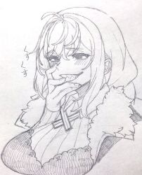 Rule 34 | 1girl, @ @, ahoge, blush, braid, breasts, collared shirt, commentary request, cropped torso, cross tie, fur-trimmed jacket, fur trim, furrowed brow, graphite (medium), greyscale, grin, half-closed eyes, hand on own face, highres, jacket, kizuna akari, large breasts, laughing, monochrome, open clothes, open jacket, raised eyebrows, ribbed shirt, sharp teeth, shirt, shirt under dress, simple background, smile, solo, teeth, toriniku29, traditional media, translation request, vocaloid, voiceroid