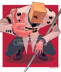 Rule 34 | 1boy, bag, faust (guilty gear), guilty gear, guilty gear xx, highres, jacket, long fingers, long sleeves, looking at viewer, male focus, paper bag, red background, samecan fa, scalpel, simple background, white jacket