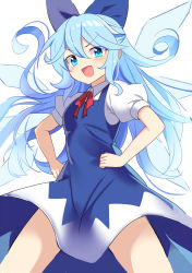 Rule 34 | 1girl, :d, alternate hair length, alternate hairstyle, blue bow, blue dress, blue eyes, blue hair, bow, cirno, commentary request, dress, e.o., hair between eyes, hair bow, hands on own hips, highres, long hair, looking at viewer, open mouth, puffy short sleeves, puffy sleeves, red neckwear, red ribbon, ribbon, short sleeves, simple background, smile, solo, standing, thighs, touhou, white background