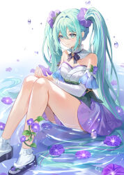 Rule 34 | 02bear20, 1girl, absurdres, aqua eyes, black bow, black bowtie, blue hair, bow, bowtie, breasts, cleavage, closed mouth, commentary request, detached collar, detached sleeves, feet out of frame, flower, frilled socks, frills, hair between eyes, hair ornament, hatsune miku, highres, korean commentary, long hair, long sleeves, medium breasts, miniskirt, purple flower, purple skirt, skirt, smile, socks, solo, strapless, twintails, underbust, very long hair, vocaloid, white sleeves, white socks