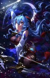 Rule 34 | ahoge, bare shoulders, bell, black gloves, black pantyhose, blue hair, bodystocking, bow (weapon), breasts, cowbell, curled horns, detached sleeves, ganyu (genshin impact), genshin impact, gloves, goat horns, gold trim, highres, holding, holding bow (weapon), holding weapon, horns, large breasts, long hair, long sleeves, meltyrice, neck bell, pantyhose, purple eyes, sidelocks, solo, tassel, vision (genshin impact), weapon, white sleeves