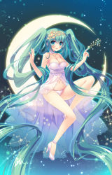 Rule 34 | 1girl, babydoll, breasts, choker, cleavage, constellation, crescent moon, green eyes, green hair, hatsune miku, high heels, inugahora an, leg up, legs, long hair, long legs, matching hair/eyes, moon, on crescent, panties, sagittarius (constellation), shoes, sitting, sitting on moon, solo, star (symbol), thighs, twintails, underwear, very long hair, vocaloid, white babydoll, white panties