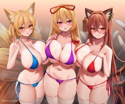 Rule 34 | 3girls, :o, :p, :q, alternate breast size, animal ear fluff, animal ears, bikini, breasts, brown hair, cat ears, cat tail, chen, cleavage, closed mouth, commentary request, cowboy shot, fox ears, fox shadow puppet, huge breasts, large breasts, long hair, looking at viewer, marota, multiple girls, multiple tails, nail polish, no headwear, no headwear, aged up, orange eyes, parted lips, purple eyes, skindentation, smile, swimsuit, tail, thighhighs, tongue, tongue out, touhou, very long hair, white thighhighs, yakumo ran, yakumo yukari