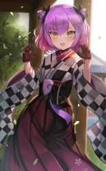 Rule 34 | 1girl, absurdres, black bow, black gloves, black ribbon, blush, bow, checkered clothes, checkered kimono, claw pose, day, gloves, green eyes, hair between eyes, hair bow, hair ornament, hair ribbon, hakama, hakama skirt, highres, hololive, japanese clothes, kimono, long hair, long sleeves, looking at viewer, multicolored hair, ohihil, open mouth, outdoors, purple hair, ribbon, short hair, skirt, smile, solo, standing, tokoyami towa, tokoyami towa (new year), virtual youtuber, wide sleeves