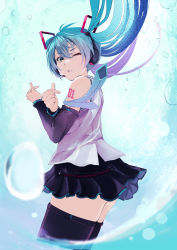 Rule 34 | 1girl, absurdres, aqua hair, bare shoulders, black thighhighs, commentary, cowboy shot, detached sleeves, forehead, frilled skirt, frills, full moon, green eyes, hair ornament, hatsune miku, headphones, highres, lips, long hair, looking at viewer, looking back, moon, number tattoo, one eye closed, parted lips, shirt, skirt, solo, tattoo, thighhighs, thighs, torn flipper, twintails, v-shaped eyebrows, vocaloid, water drop, white shirt