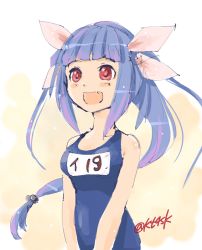 Rule 34 | 10s, 1girl, 4suke, :d, blush, fang, gradient background, hair ornament, hair ribbon, i-19 (kancolle), kantai collection, light purple hair, long hair, name tag, one-piece swimsuit, open mouth, red eyes, ribbon, school swimsuit, smile, solo, swimsuit, twitter username