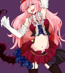 Rule 34 | 1girl, bare shoulders, blouse, breasts, cowboy shot, crop top, detached sleeves, elbow gloves, fate/grand order, fate (series), frilled shirt collar, frilled skirt, frilled sleeves, frills, garter straps, gloves, half-closed eyes, kurebi, long hair, looking at viewer, magical girl, medb (fate), medium breasts, midriff, navel, pink hair, purple skirt, shirt, sidelocks, skirt, smile, solo, spiked tail, spikes, tail, thighhighs, tiara, white gloves, yellow eyes