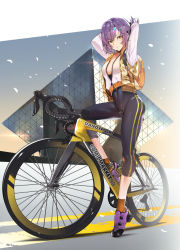 Rule 34 | 1girl, absurdres, adjusting hair, arms up, backpack, bag, bicycle, breasts, cameltoe, closed mouth, comiket, covered navel, cropped jacket, full body, hair ornament, hairclip, highres, jacket, leggings, long sleeves, looking at viewer, medium breasts, no bra, open clothes, open jacket, open vest, orange socks, original, partially unzipped, purple footwear, purple hair, short hair, sitting, smile, socks, solo, teddy (khanshin), tokyo big sight, vest, white jacket, yellow eyes, yellow vest