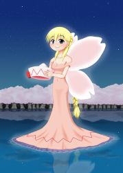 Rule 34 | 1girl, absurdres, alternate costume, alternate hairstyle, bare shoulders, blonde hair, blue eyes, blush, braid, braided ponytail, breasts, cherry blossoms, cleavage, collarbone, commentary request, dress, fairy wings, forest, french braid, hair between eyes, hat, highres, holding, holding clothes, holding hat, lake, lily white, long hair, looking at viewer, nature, night, night sky, outdoors, pink dress, ponytail, rakugaki-biyori, reflection, sky, small breasts, solo, standing, standing on liquid, star (sky), starry sky, strapless, strapless dress, touhou, unworn hat, unworn headwear, very long hair, wings