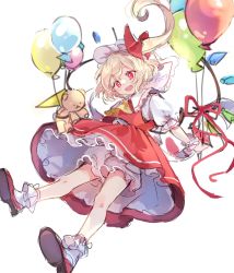 Rule 34 | 1girl, ascot, balloon, blonde hair, bloomers, blouse, bobby socks, crystal, flandre scarlet, frilled shirt collar, frilled skirt, frills, hat, highres, medium hair, mob cap, paragasu (parags112), puffy short sleeves, puffy sleeves, red eyes, red footwear, red skirt, red vest, shirt, shoe soles, short sleeves, side ponytail, simple background, skirt, socks, solo, stuffed animal, stuffed toy, teddy bear, touhou, underwear, vest, white background, white bloomers, white hat, white shirt, wings, yellow ascot