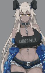 1girl alternate_costume arbiter_strength_viii_(azur_lane) azur_lane bare_shoulders belt black_belt black_tank_top blue_shorts blush breasts casual chain chain_between_breasts cleavage collar crop_top cropped_shirt dark-skinned_female dark_skin facing_viewer frown gauntlets hair_between_eyes highres hip_focus jaggi_95 large_breasts light_brown_hair long_hair looking_to_the_side micro_shorts midriff navel print_tank_top scar shorts siren_(azur_lane) solo tank_top thigh_gap thighs torn_clothes torn_shorts torn_tank_top very_long_hair yellow_eyes