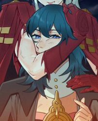 Rule 34 | 2girls, arm around neck, biceps, blue eyes, blue hair, byleth (female) (fire emblem), byleth (fire emblem), cape, commentary, crossed fingers, edelgard von hresvelg, english commentary, fire emblem, fire emblem: three houses, flexing, gloves, highres, multiple girls, nintendo, pink lips, radiostarkiller, raised eyebrows, red cape, red gloves, torn clothes, torn sleeves, white hair, yuri