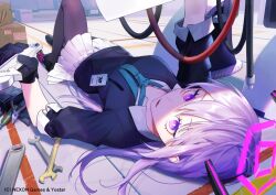 Rule 34 | 1girl, black gloves, black pantyhose, blue archive, blue necktie, collar, collared shirt, gloves, hair between eyes, halo, holding tool, indoors, long hair, long sleeves, looking at viewer, looking up, lying, necktie, official art, on back, on floor, pantyhose, parted lips, purple eyes, school uniform, shirt, skirt, tools, utaha (blue archive), white collar, white skirt, yamakawa