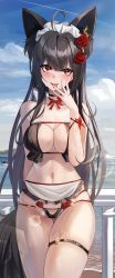 Rule 34 | 1girl, absurdres, ahoge, animal ear fluff, animal ears, bare shoulders, bikini, black hair, blue sky, blush, bow, breasts, brown eyes, choker, cleavage, contrail, cowboy shot, crotch, day, flower, frills, glint, hand to own mouth, highres, large breasts, lens flare, licking, licking finger, long hair, looking at viewer, lowleg, lowleg bikini, navel, original, outdoors, prothy, red flower, red rose, rose, sky, solo, stomach, strapless, strapless bikini, swimsuit, thigh gap, thigh strap, tongue, tongue out, very long hair, water, wet