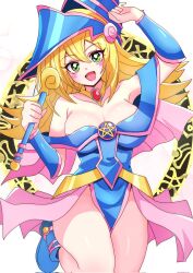 Rule 34 | 1girl, bare shoulders, blonde hair, blue footwear, blue hat, blush, blush stickers, boots, breasts, cleavage, dark magician girl, duel monster, green eyes, hair between eyes, hat, highres, holding, holding wand, jewelry, large breasts, long hair, looking at viewer, momotarouooi, necklace, open mouth, pentagram, smile, solo, staff, wand, white background, wizard hat, yu-gi-oh!, yu-gi-oh! duel monsters