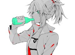 Rule 34 | 1girl, armor, bottle, drink, drinking, fate/apocrypha, fate (series), green eyes, kan&#039;yu (citron 82), long hair, long sleeves, monochrome, mordred (fate), mordred (fate/apocrypha), mordred (memories at trifas) (fate), ponytail, solo, spot color