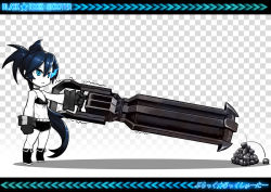 Rule 34 | 10s, 1girl, :&lt;, absurdres, arm cannon, bikini, bikini top only, black hair, black rock shooter, black rock shooter (character), blue eyes, flat chest, gloves, glowing, glowing eyes, highres, huge weapon, long hair, masn (moxi), midriff, navel, pale skin, pun, rock, scar, shorts, solo, swimsuit, too literal, trembling, twintails, very long hair, weapon