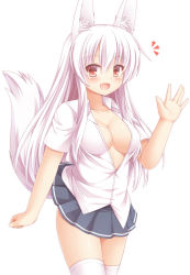 Rule 34 | 1girl, animal ears, bad id, bad pixiv id, blush, breasts, cleavage, long hair, open mouth, original, red eyes, silver hair, simple background, skirt, smile, solo, tail, thighhighs, waving, white background, white thighhighs, wolf ears, wolf tail, yuu (yu0221f)
