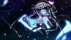 Rule 34 | 10s, 1girl, abyssal ship, ammonite, blue eyes, bodysuit, breasts, bubble, cape, gloves, glowing, glowing eyes, highres, kantai collection, large breasts, long hair, md5 mismatch, pale skin, personification, resolution mismatch, sakuya tsuitachi, silver hair, solo, wo-class aircraft carrier