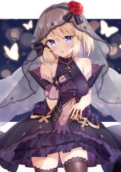 Rule 34 | 1girl, absurdres, azur lane, bare shoulders, black dress, black gloves, black thighhighs, black wedding dress, blue eyes, blurry, blush, bridal veil, brown hair, bug, butterfly, collarbone, covered navel, cross, depth of field, dress, flower, frilled dress, frilled skirt, frills, gloves, highres, insect, iron cross, jewelry, looking at viewer, necklace, parted lips, red flower, red rose, ring, rose, see-through, short hair, simple background, skirt, solo, t@ke-g, thighhighs, turtleneck, turtleneck dress, veil, wedding dress, wedding ring, z23 (azur lane), z23 (schwarze hochzeit) (azur lane), zettai ryouiki